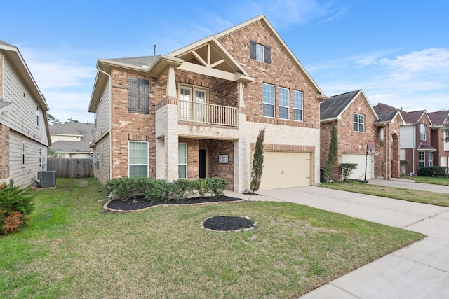 view of front of house with concrete driveway, brick siding, a balcony, and central air condition unit