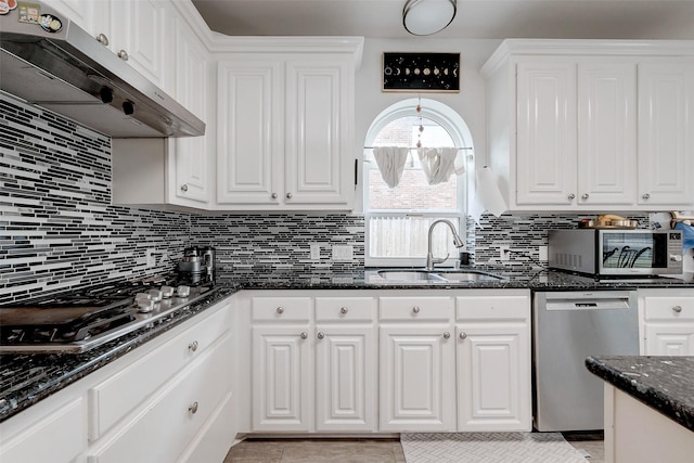 kitchen with stainless steel appliances, a sink, exhaust hood, white cabinets, and decorative backsplash