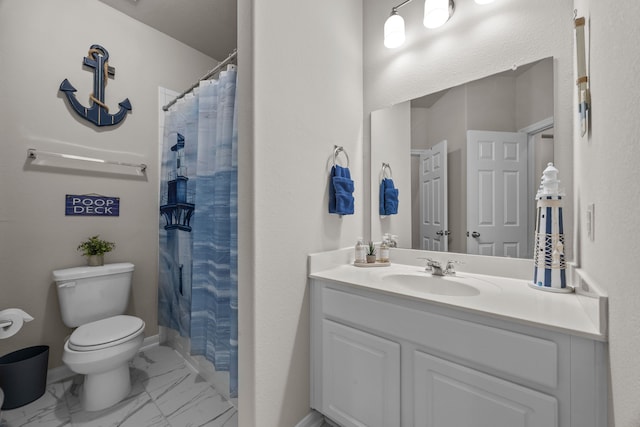 bathroom featuring toilet, marble finish floor, baseboards, and vanity