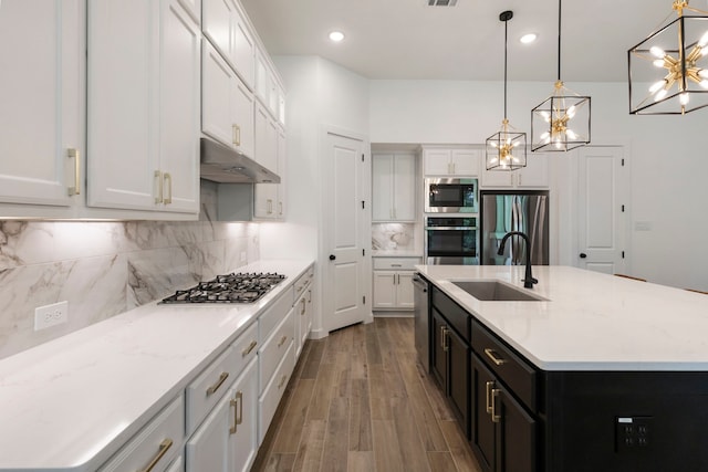 kitchen with white cabinets, appliances with stainless steel finishes, wood finished floors, under cabinet range hood, and a sink