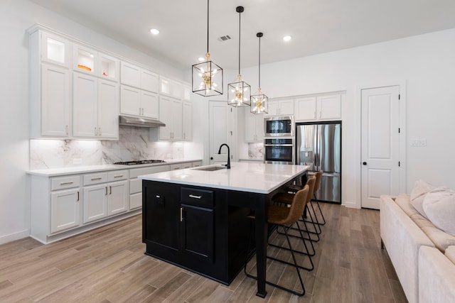 kitchen featuring stainless steel appliances, backsplash, open floor plan, a sink, and under cabinet range hood