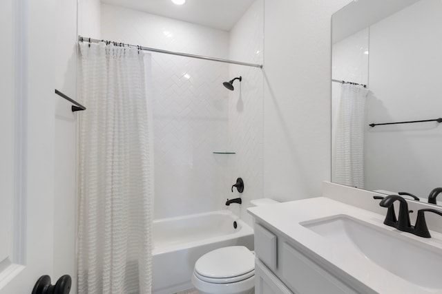 full bath featuring vanity, toilet, and shower / tub combo with curtain