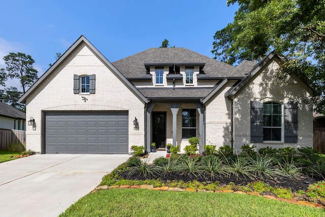 french country inspired facade featuring a garage, driveway, a shingled roof, and brick siding