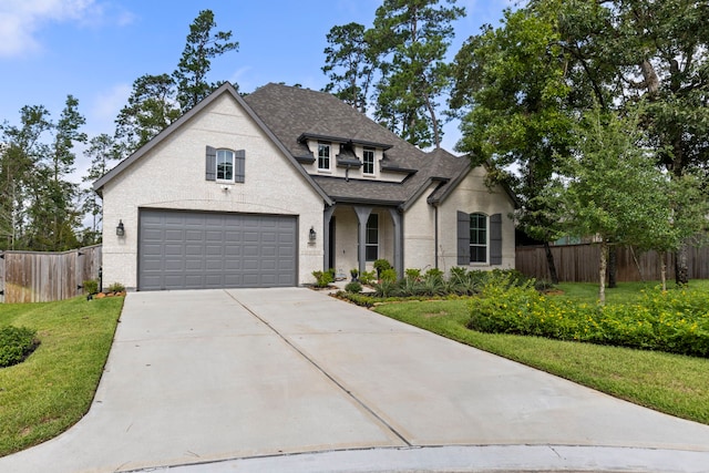 view of front facade featuring a shingled roof, a front yard, fence, a garage, and driveway