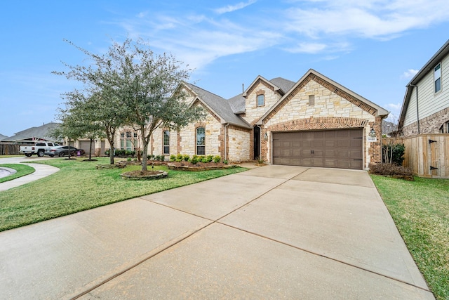 french country style house with a garage, fence, driveway, stone siding, and a front lawn