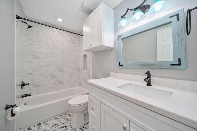 full bathroom with recessed lighting, visible vents, toilet, tub / shower combination, and vanity