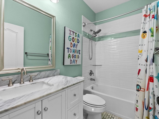 bathroom featuring toilet, shower / bathtub combination with curtain, and vanity