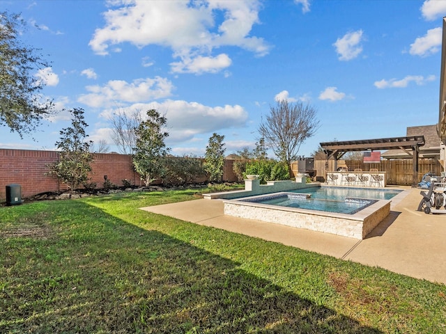 view of swimming pool with a patio, a lawn, a pergola, an in ground hot tub, and a fenced backyard