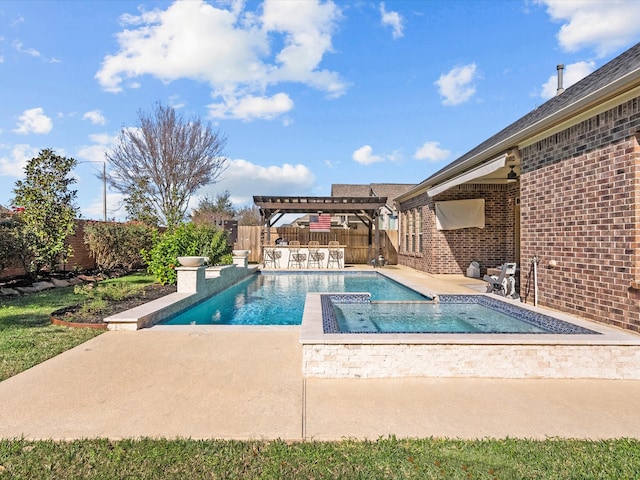 view of swimming pool featuring a fenced in pool, a patio, a pergola, an in ground hot tub, and a fenced backyard