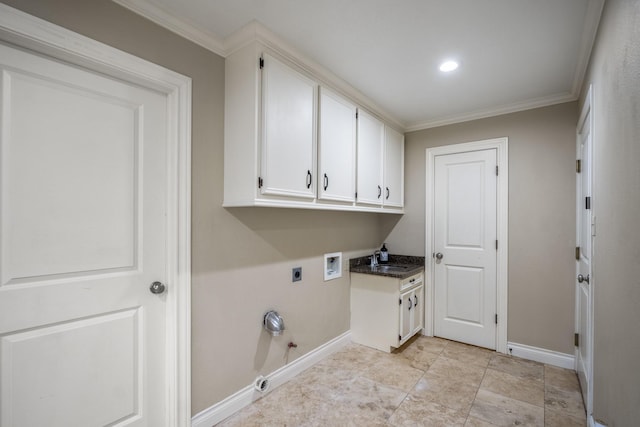 washroom featuring hookup for a washing machine, hookup for an electric dryer, hookup for a gas dryer, ornamental molding, and cabinet space