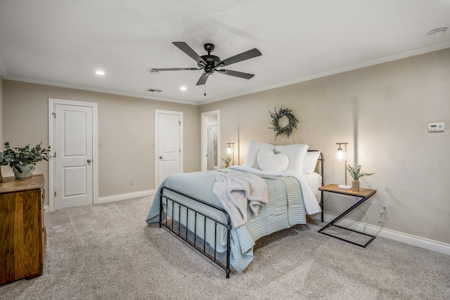 bedroom featuring visible vents, baseboards, carpet, crown molding, and recessed lighting