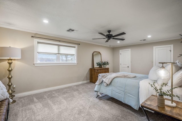 bedroom featuring carpet floors, recessed lighting, visible vents, ornamental molding, and baseboards