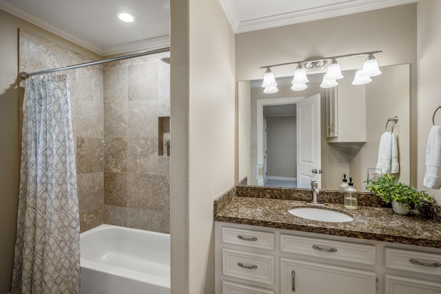 bathroom featuring shower / bath combo, ornamental molding, and vanity