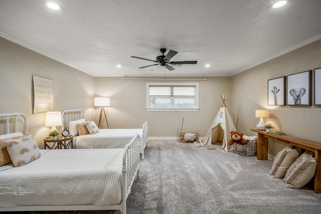 bedroom with carpet, recessed lighting, ornamental molding, ceiling fan, and baseboards