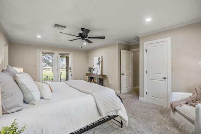 bedroom with access to exterior, crown molding, light colored carpet, visible vents, and baseboards