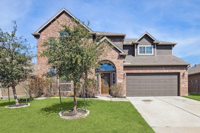 view of front of property featuring driveway, a garage, a front lawn, and brick siding