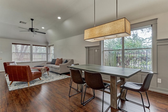 dining area with lofted ceiling, recessed lighting, dark wood-style flooring, a ceiling fan, and visible vents