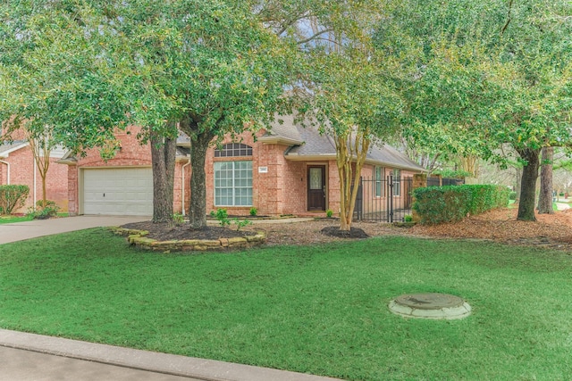 view of front of home with an attached garage, brick siding, a shingled roof, driveway, and a front yard