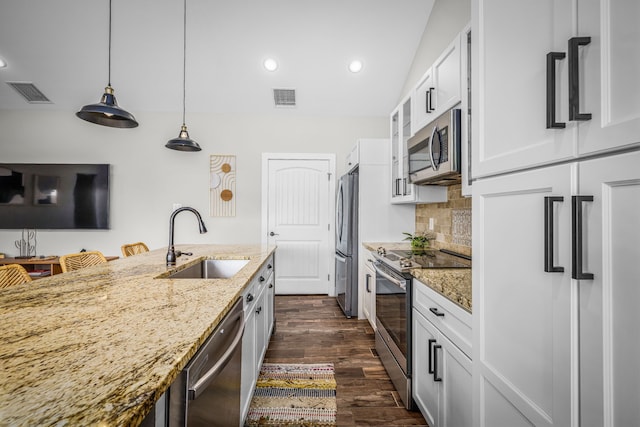 kitchen with visible vents, appliances with stainless steel finishes, dark wood finished floors, and a sink