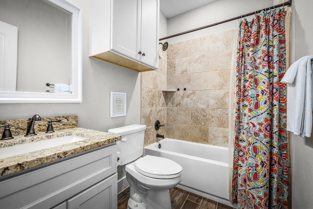 full bath with shower / bath combination with curtain, toilet, vanity, and wood finish floors