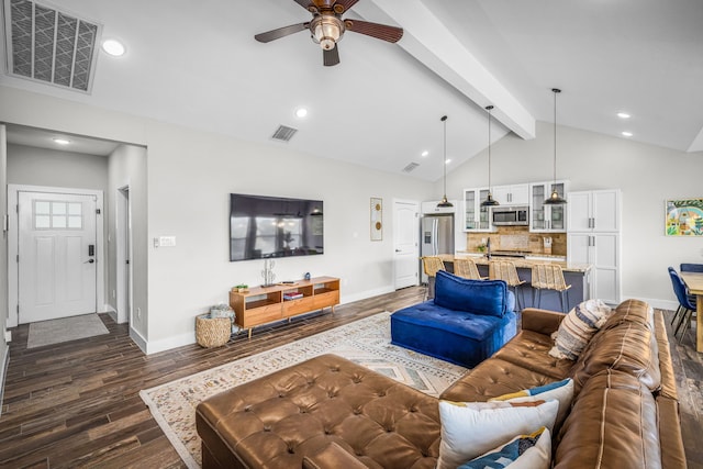 living room with lofted ceiling with beams, dark wood-style floors, baseboards, and visible vents