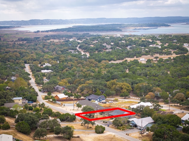 bird's eye view featuring a water and mountain view