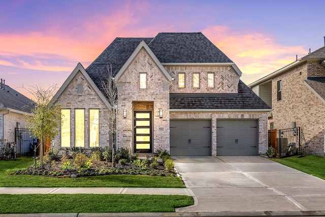 view of front of property with a shingled roof, fence, concrete driveway, and brick siding