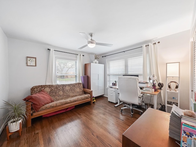 office with wood finished floors and a ceiling fan