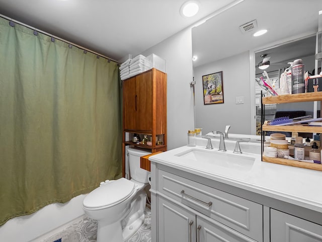 full bath with toilet, recessed lighting, visible vents, and vanity