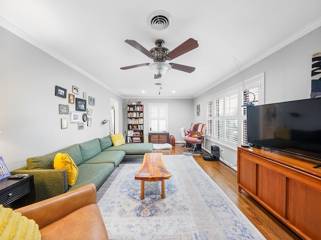 living area featuring ceiling fan, ornamental molding, light wood-type flooring, and visible vents