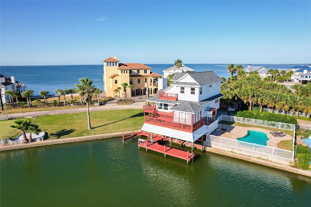 drone / aerial view with a water view