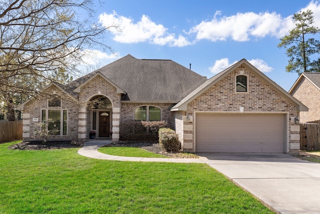 view of front of house featuring brick siding, an attached garage, a front lawn, fence, and driveway