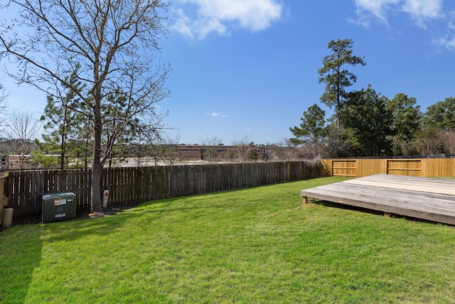 view of yard with a deck and a fenced backyard