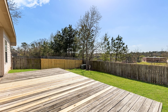 wooden terrace with a yard and a fenced backyard