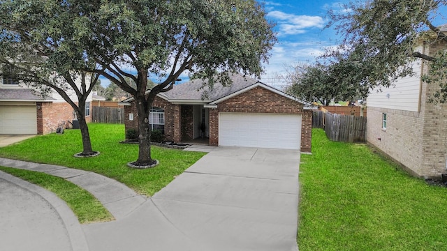 ranch-style home featuring an attached garage, brick siding, fence, and a front yard