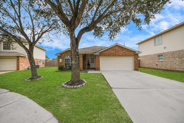 view of front of house featuring concrete driveway, brick siding, a front lawn, and an attached garage