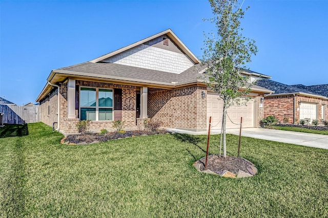 view of front of house with brick siding, roof with shingles, a front yard, a garage, and driveway