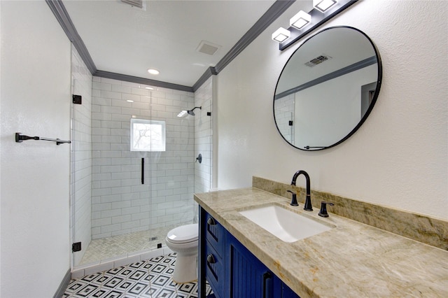 bathroom featuring toilet, a stall shower, visible vents, and crown molding