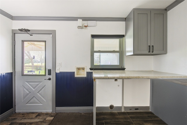 kitchen featuring ornamental molding and gray cabinets