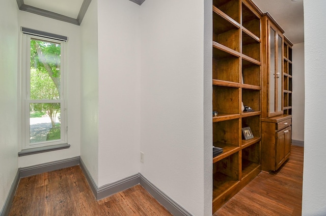 hall featuring crown molding, baseboards, and dark wood-style flooring