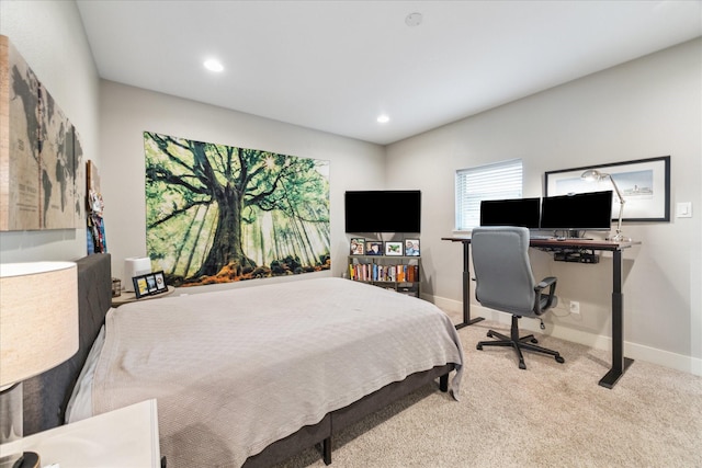 bedroom with recessed lighting, carpet flooring, and baseboards