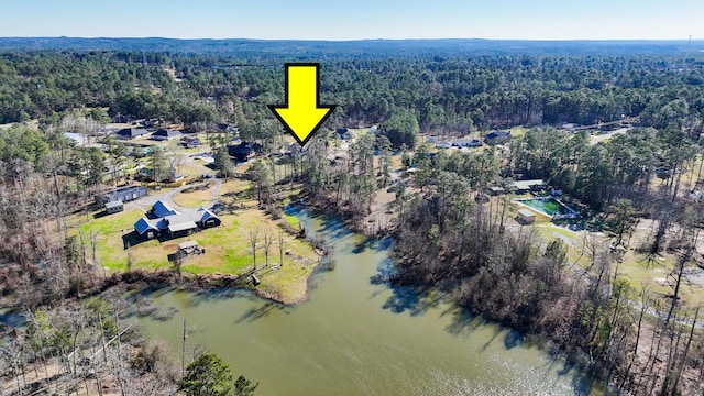 birds eye view of property featuring a water view and a forest view