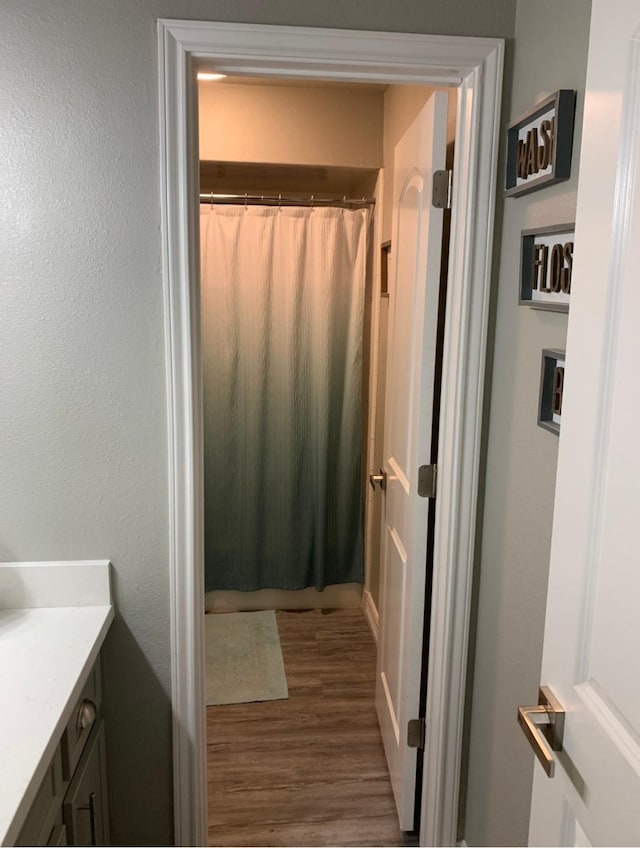 bathroom featuring wood finished floors, vanity, and a shower with curtain