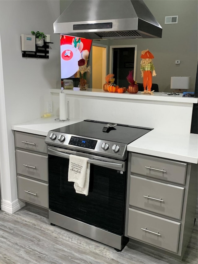 kitchen with visible vents, exhaust hood, gray cabinets, and stainless steel range with electric stovetop