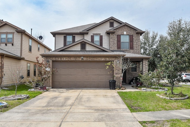 view of front of property featuring driveway, brick siding, roof with shingles, and an attached garage