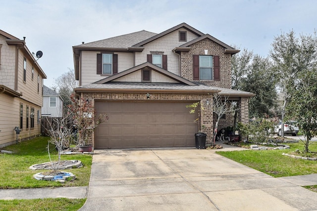 craftsman-style house featuring driveway, brick siding, a shingled roof, and a front yard