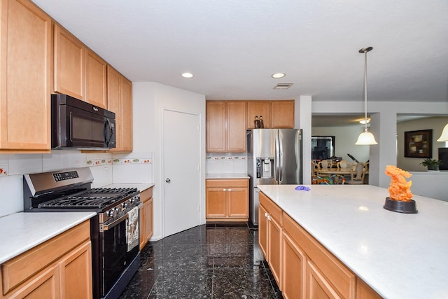 kitchen featuring recessed lighting, stainless steel appliances, granite finish floor, light countertops, and decorative backsplash