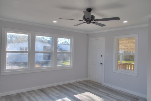 unfurnished room with baseboards, a ceiling fan, ornamental molding, light wood-style floors, and recessed lighting