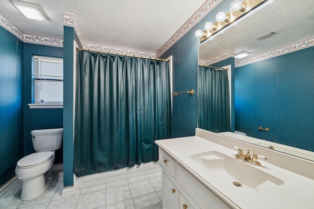 bathroom featuring visible vents, toilet, a textured ceiling, vanity, and tile patterned flooring