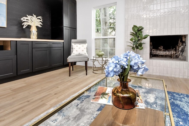 living area with wood finished floors and a fireplace